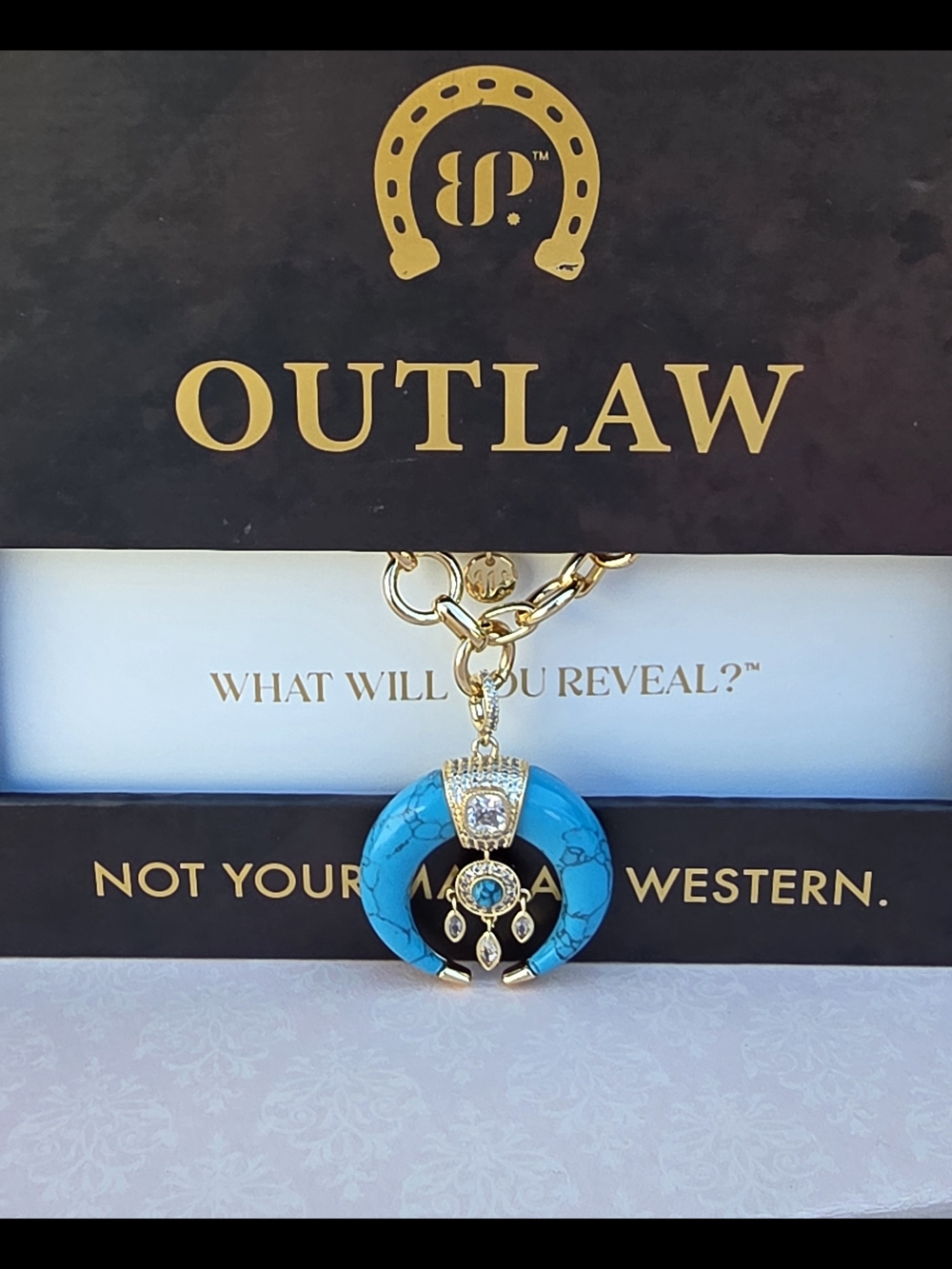 Bomb Party Outlaw Gold-Tone Turquoise Crescent Pendant Necklace
